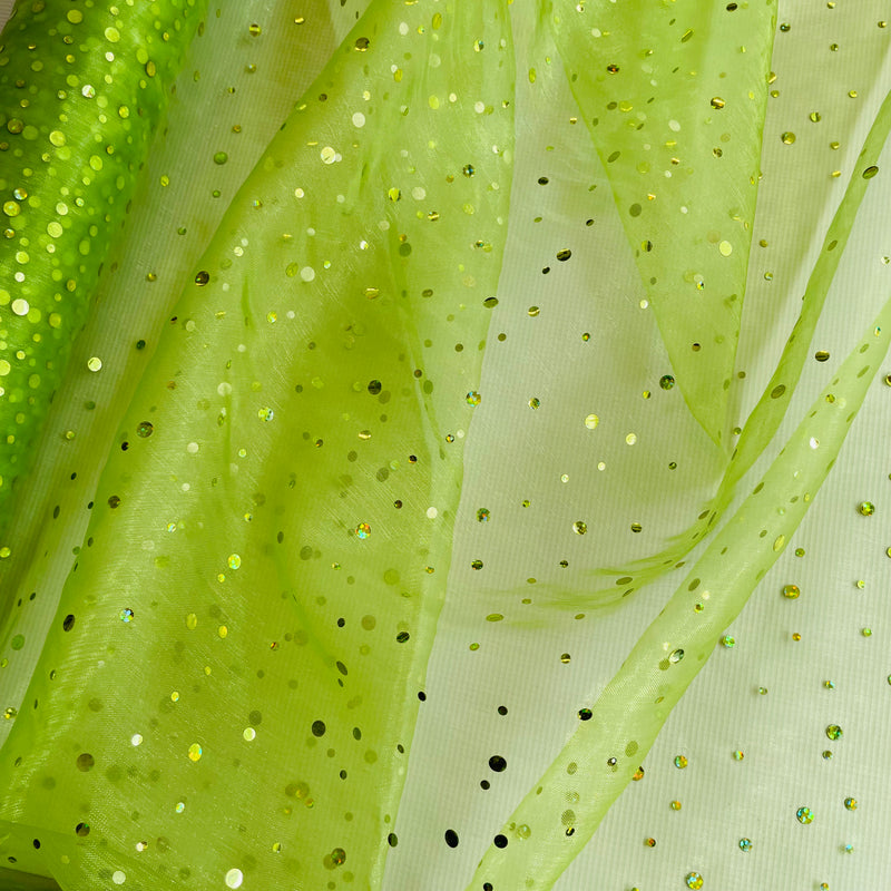 Зелен Органза Плат с Блестящи Точки | Ширина - 150см