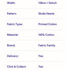 Skulls Hearts Cotton Fabric | Width - 138cm/54inch - Shop Fabrics, Cushions & Dressmaking Supplies online - Fabric Family