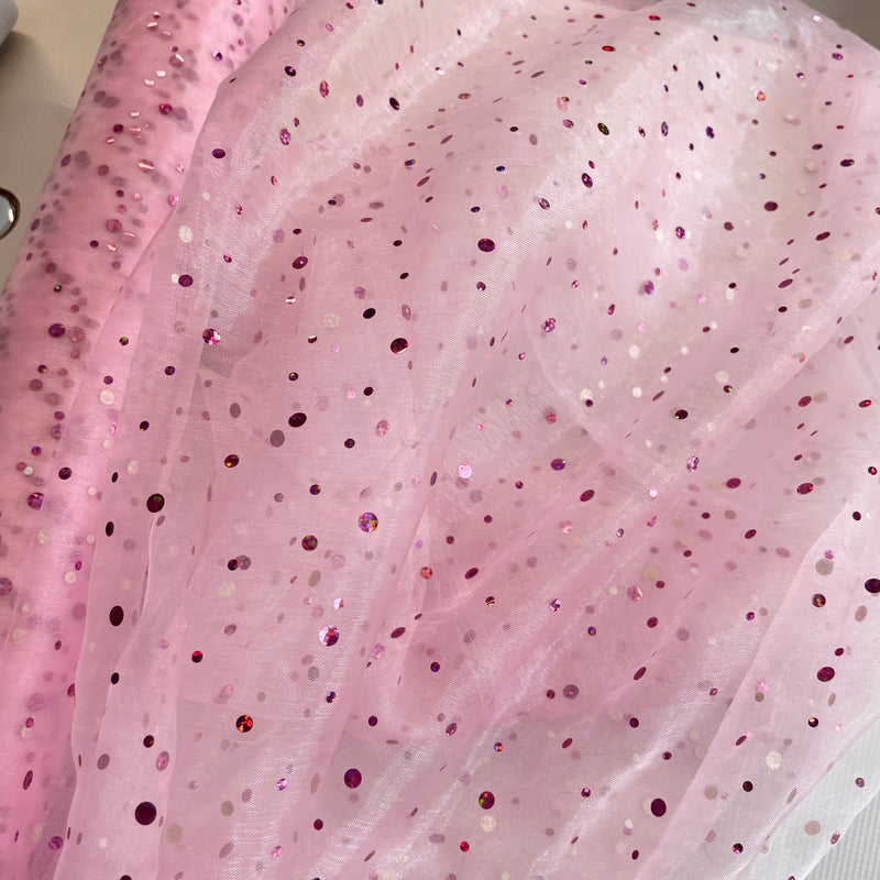 Baby Pink Glitter Dot Organza Fabric | Width - 150cm/59inch