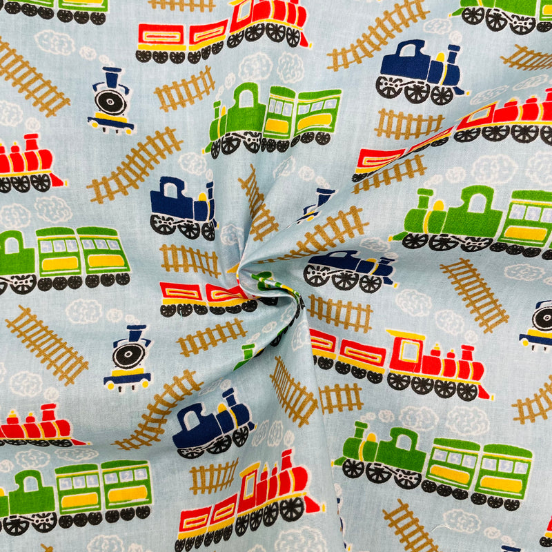 Trains Polycotton Fabric | Width - 115cm/45inch - Shop Fabrics, Cushions & Dressmaking Supplies online - Fabric Family