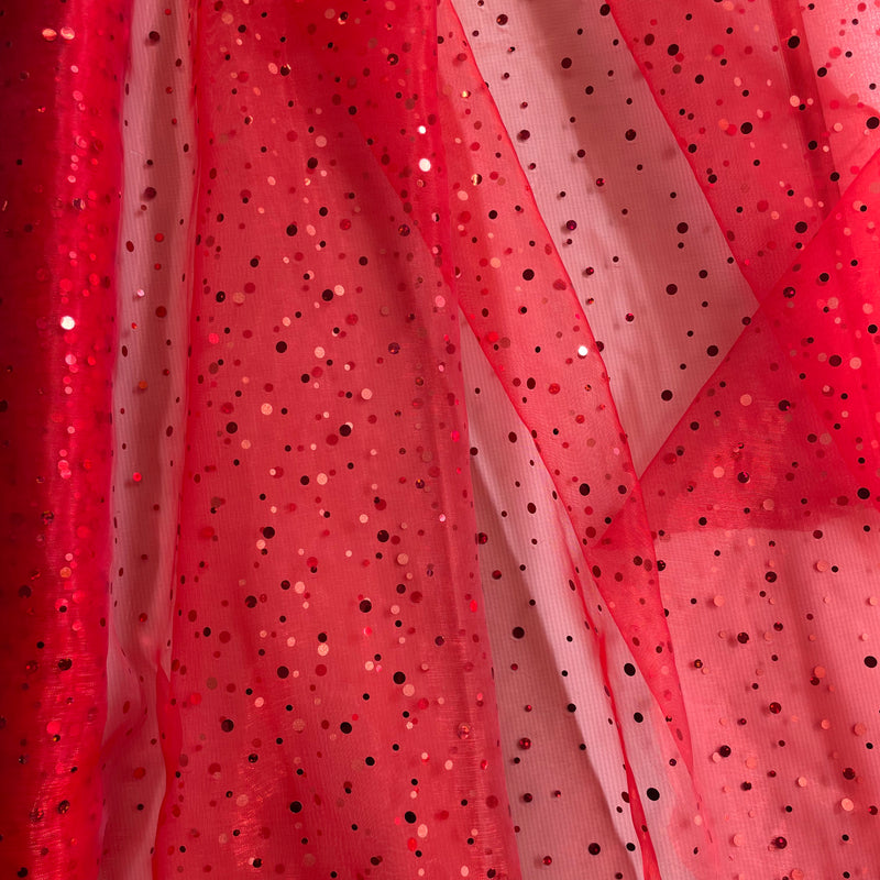 Red Glitter Dot Organza Fabric | Width - 150cm/59inch