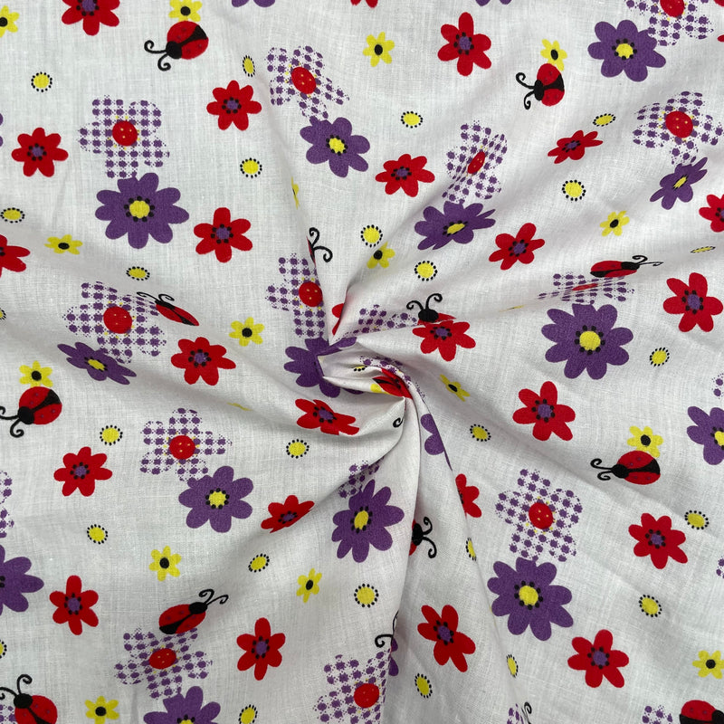 Ladybug & Flowers Polycotton Fabric | Width - 115cm/45inch - Shop Fabrics, Cushions & Dressmaking Supplies online - Fabric Family