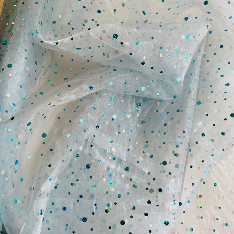 Baby Blue Glitter Dot Organza Fabric | Width - 150cm/59inch